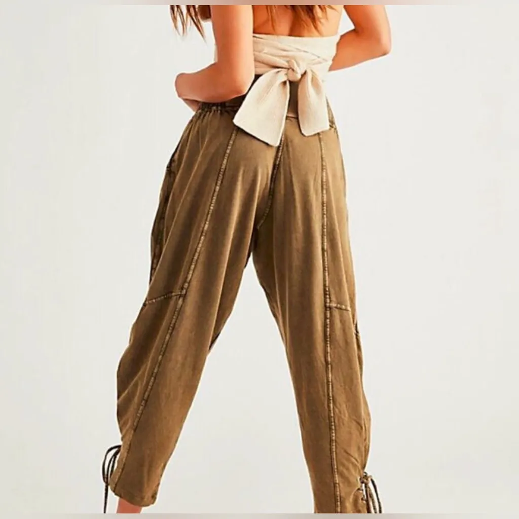 FREE PEOPLE Green Billie Pants With Elastic Smocked Waistband & Ankle Tie - Image 3