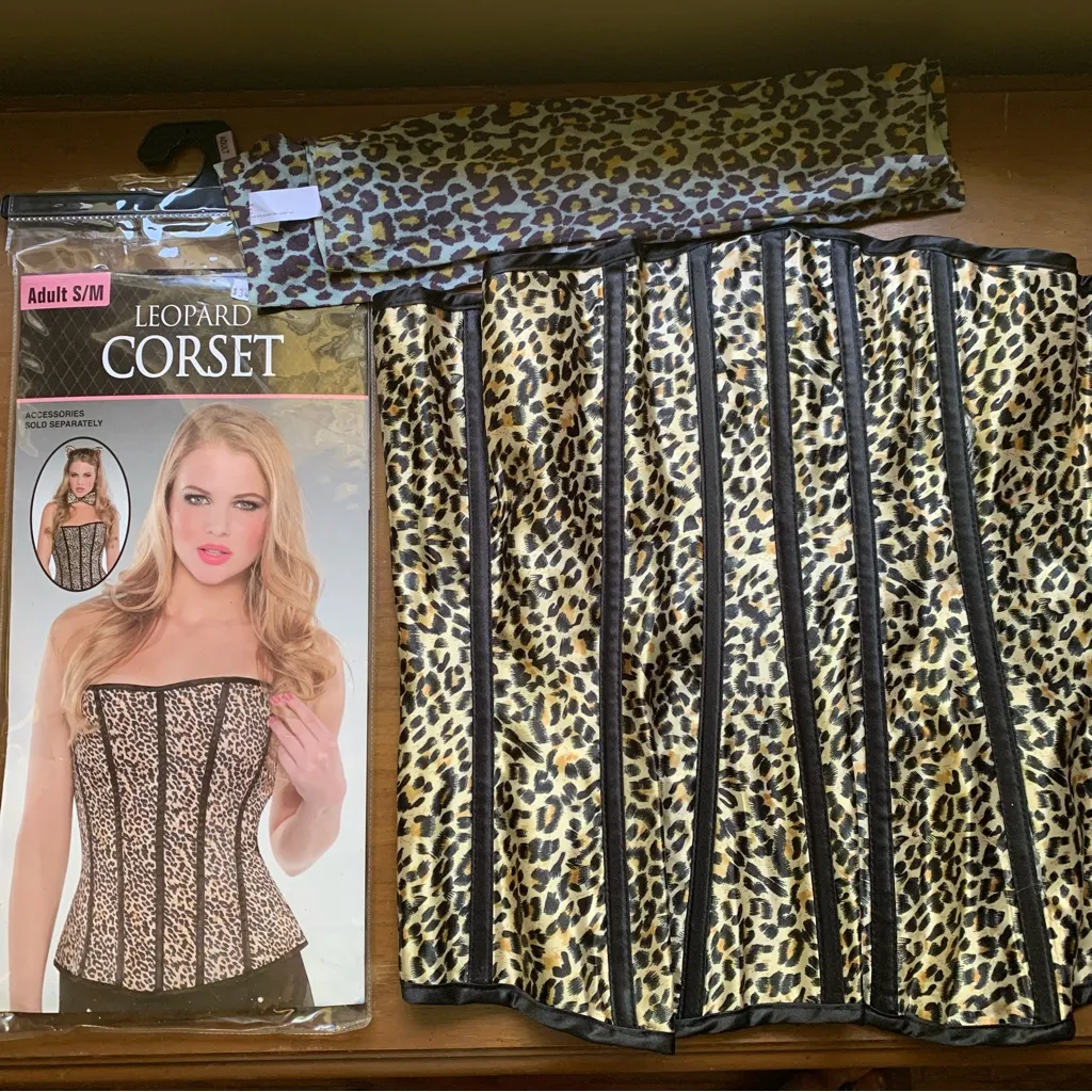 Leopard Cheetah Print Corset and Arm Sleeves Gloves Sexy Cat Costume Halloween Gold - Image 3