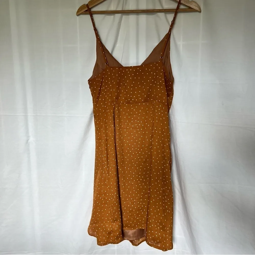 Lulus Missy Rust Orange Polka Dot Satin Knotted Front Mini Dress size medium - Image 5
