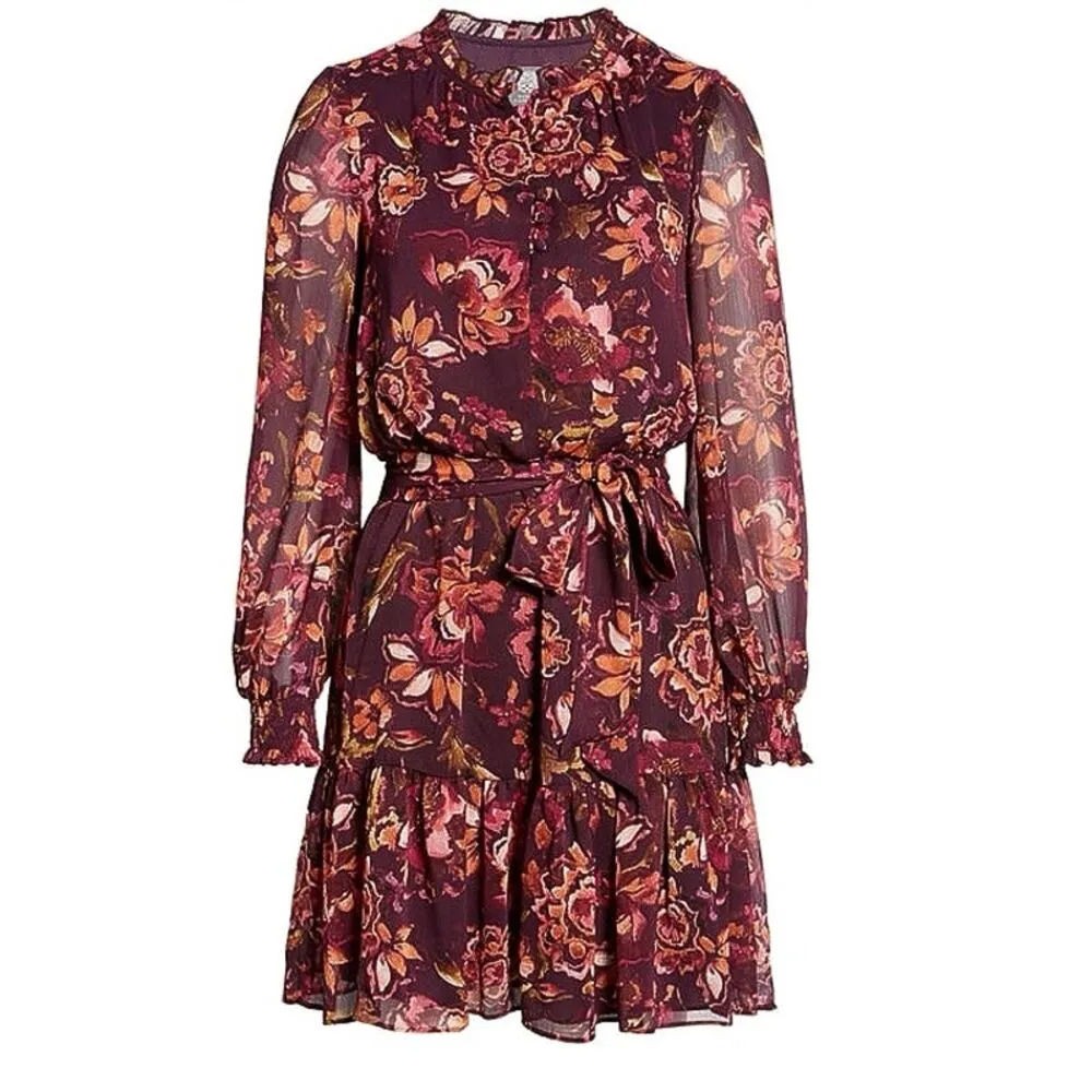 Vince Camuto Purple Floral Long Sleeve Chiffon Tie Belt Mini Fit & Flare Dress 8 - Image 4