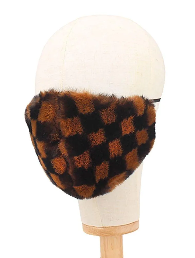 Checkerboard Pattern Faux Fur Mask Brown - Image 2