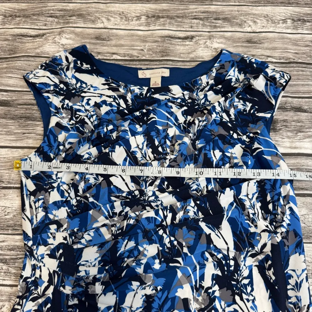 DB Dress Barn Womens Pleated Bodice Dress Blue White S SM Small Abstract Stretch - Image 11