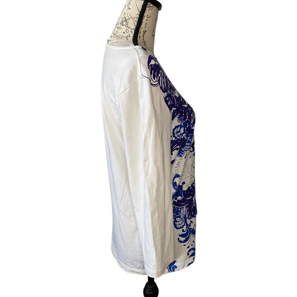 Weekends Chico's White Long Sleeve V-neck Top Medium 1 Blue Purple Paisley Bling - Image 2