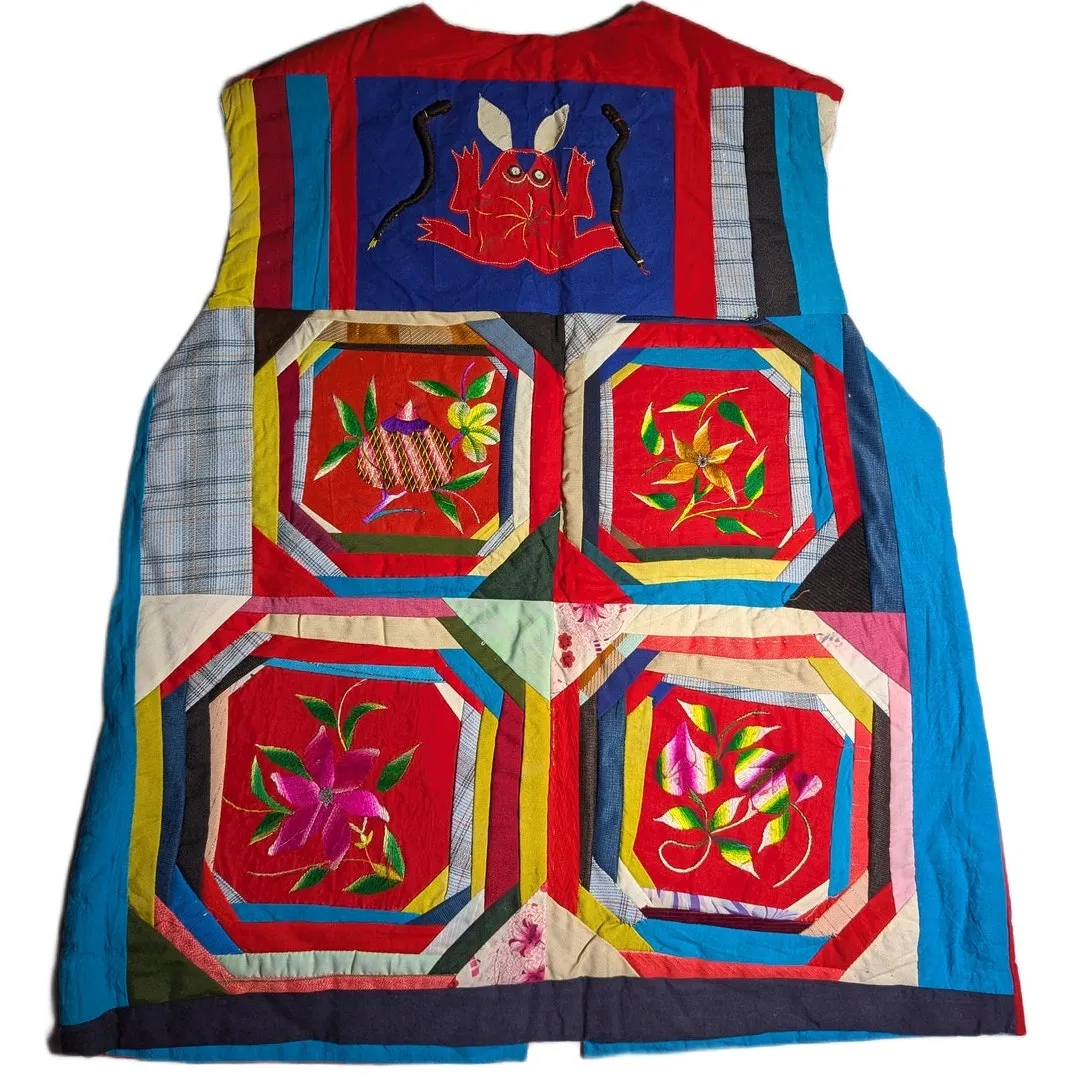 Vtg 1990s Red Handmade Primitive Tribal Applique Embroidered Hook Vest Sz L Size L - Image 2