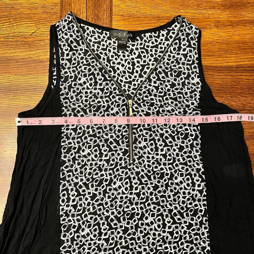 August Silk Zipper Front Geometric Black & White Tank Size Medium Lightweight - Image 6