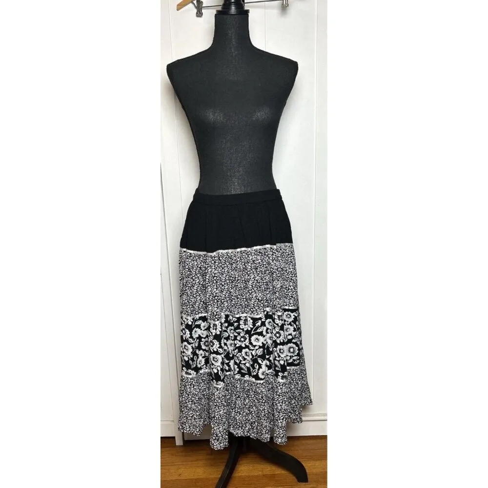 Cathy Daniel Women's Boho Long black white floral Tiered Midi Flowy Skirt Large - Image 12