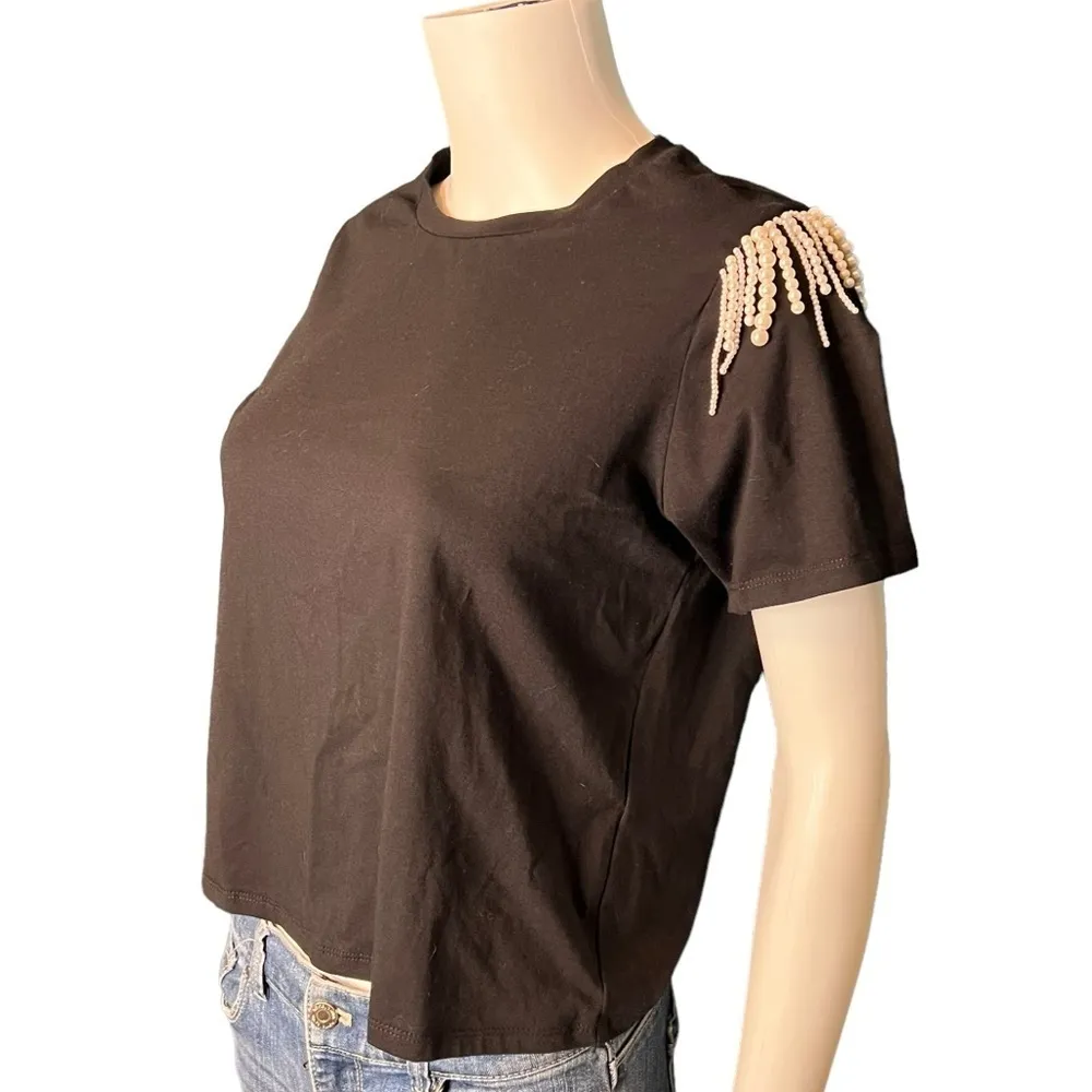 Joie NEW Faux Pearl Fringe Accent Black T Shirt Size S - Image 3