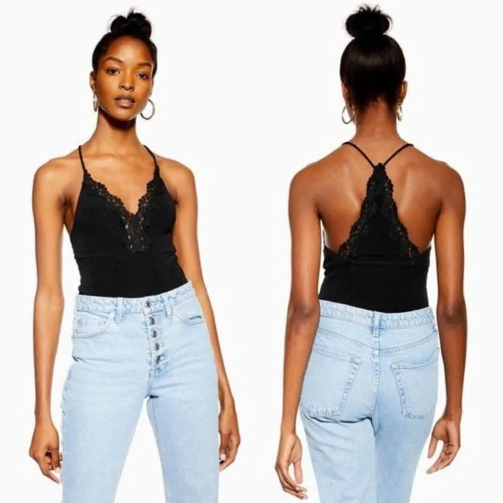 NWT Topshop Bodysuit Top Ribbed Knit and Lace Trim‎ Strappy Straps Black Size US - Image 4