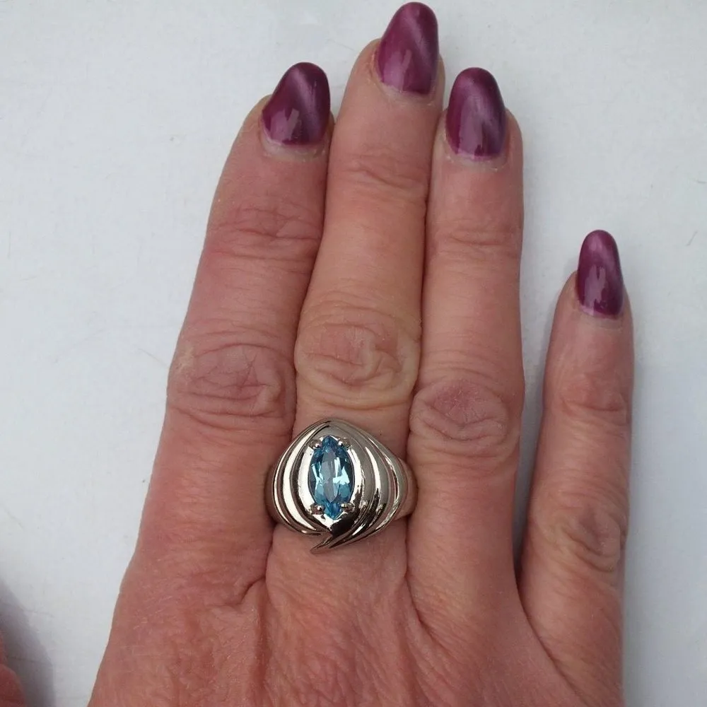 Sterling Silver Ring, Blue Sapphire, Marquise, Sz9 - Image 6