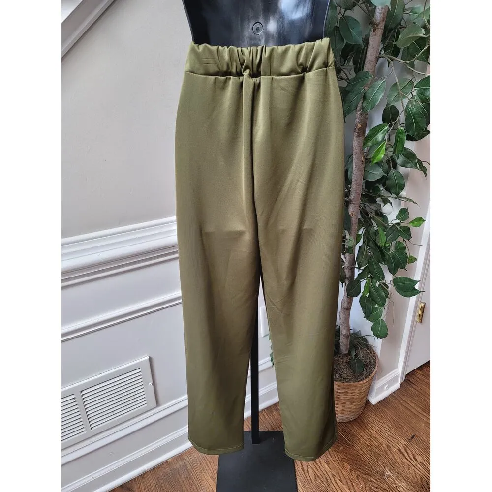 Women's 2 Piece Suit Size L Green Solid Long Sleeve Double Breasted Open Front Size L - Image 14