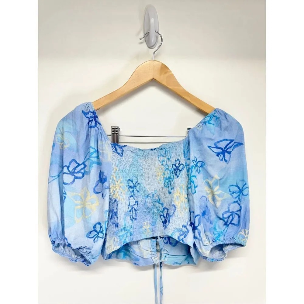 Wild Fable‎ Cropped Floral Print Blue Puff Sleeve Shirt Womens Size Small - Image 3