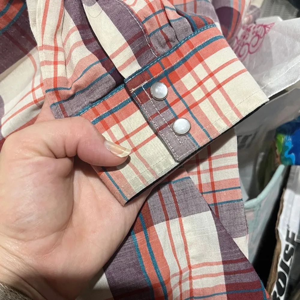 Wrangler Retro Western Plaid Pearl Snap Button Up sz L - Image 5