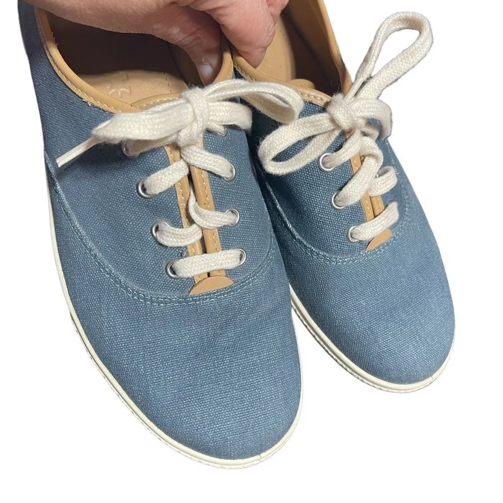 HOTTER Mabel M Width Preppy Blue Canvas Sneaker 9.5 Tan Leather Trim - Image 4