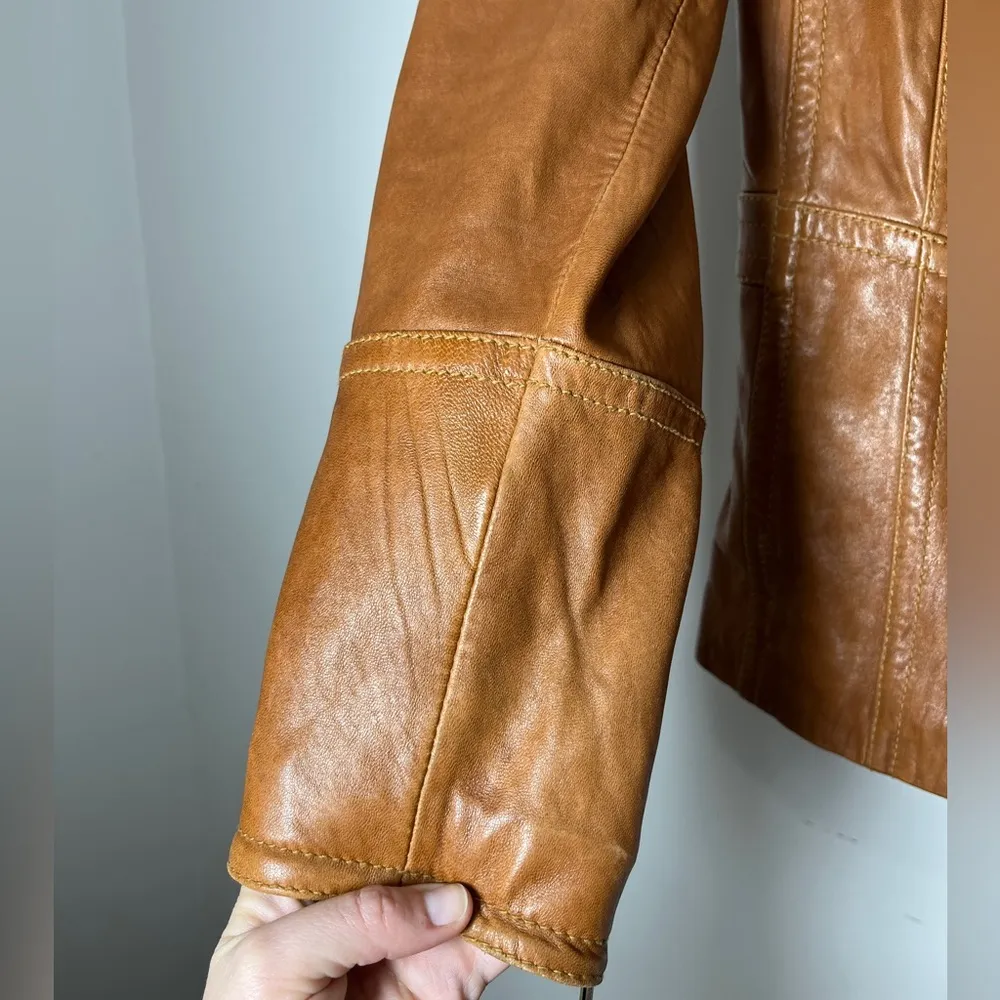 Vintage Anne Klein Longer Line Camel Faux Belted Leather Jacket Sz M - Image 3