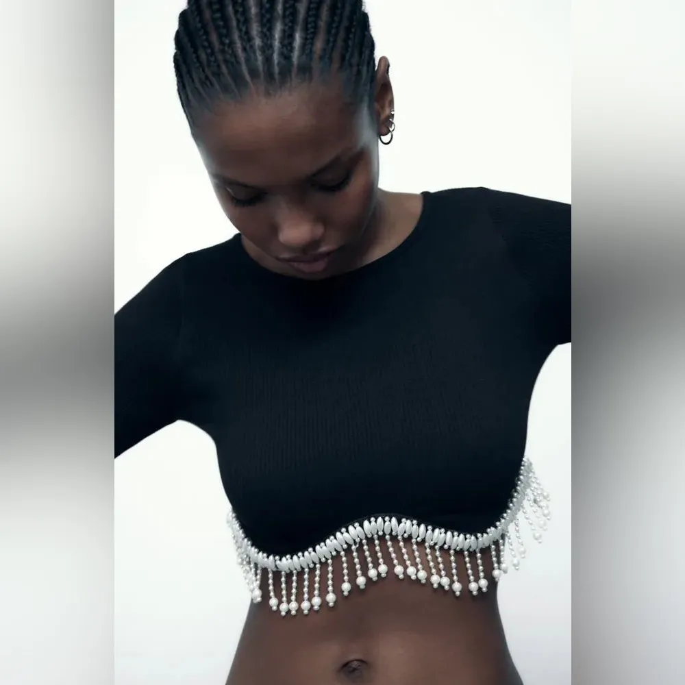 Zara Jewel Detail Crop Top in black with a rhinestone fringe appliqué NWT - Image 3