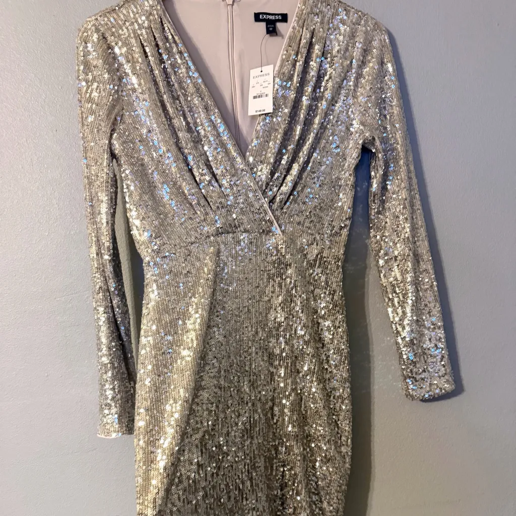 Express Silver Sequin Long Sleeve Dress - Image 3