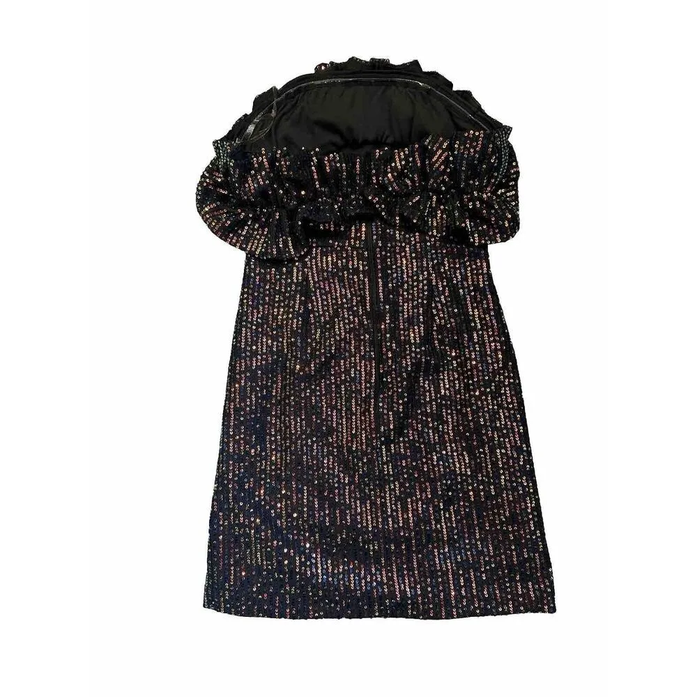 Allison & Kelly Sequin Dress Strapless Mini Sheath Ruffle Juniors Small Swiftie Black - Image 4