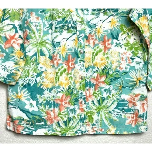 Vintage Hot Cotton Tropical Floral Print Button Up Shirt Women's XL 100% Linen Green - Image 11