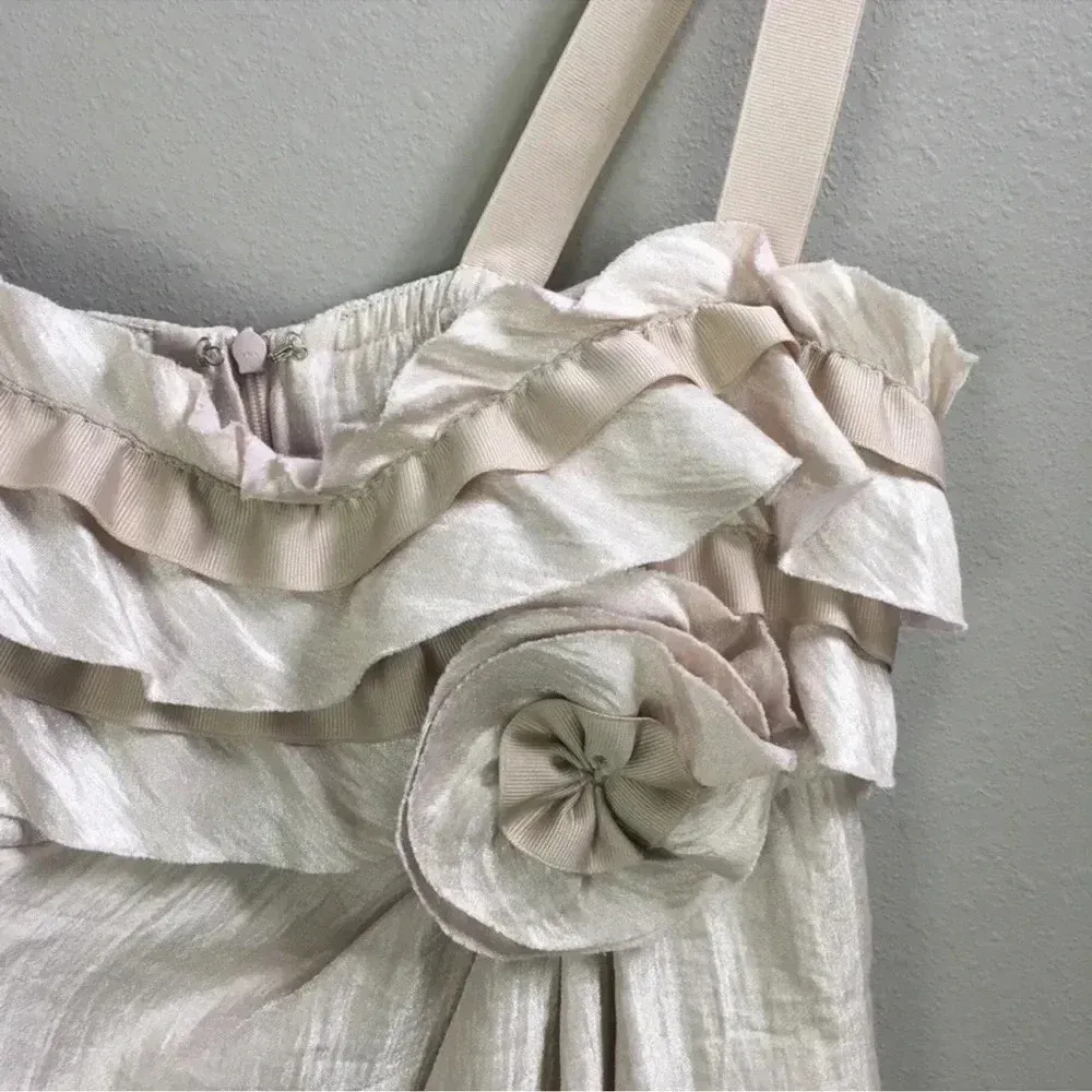 Boston Proper Y2K Rose Gold Shimmer Metallic Ruffle Sweetheart Neck Dress Size 2 - Image 4