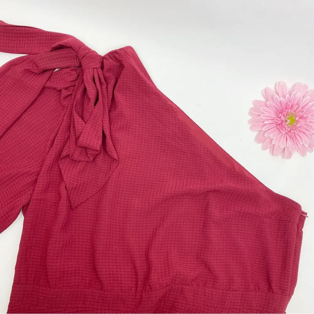 Eloquii One Shoulder Bow Detail Tiered Ruffle Midi Dress: Raspberry Red - Image 7