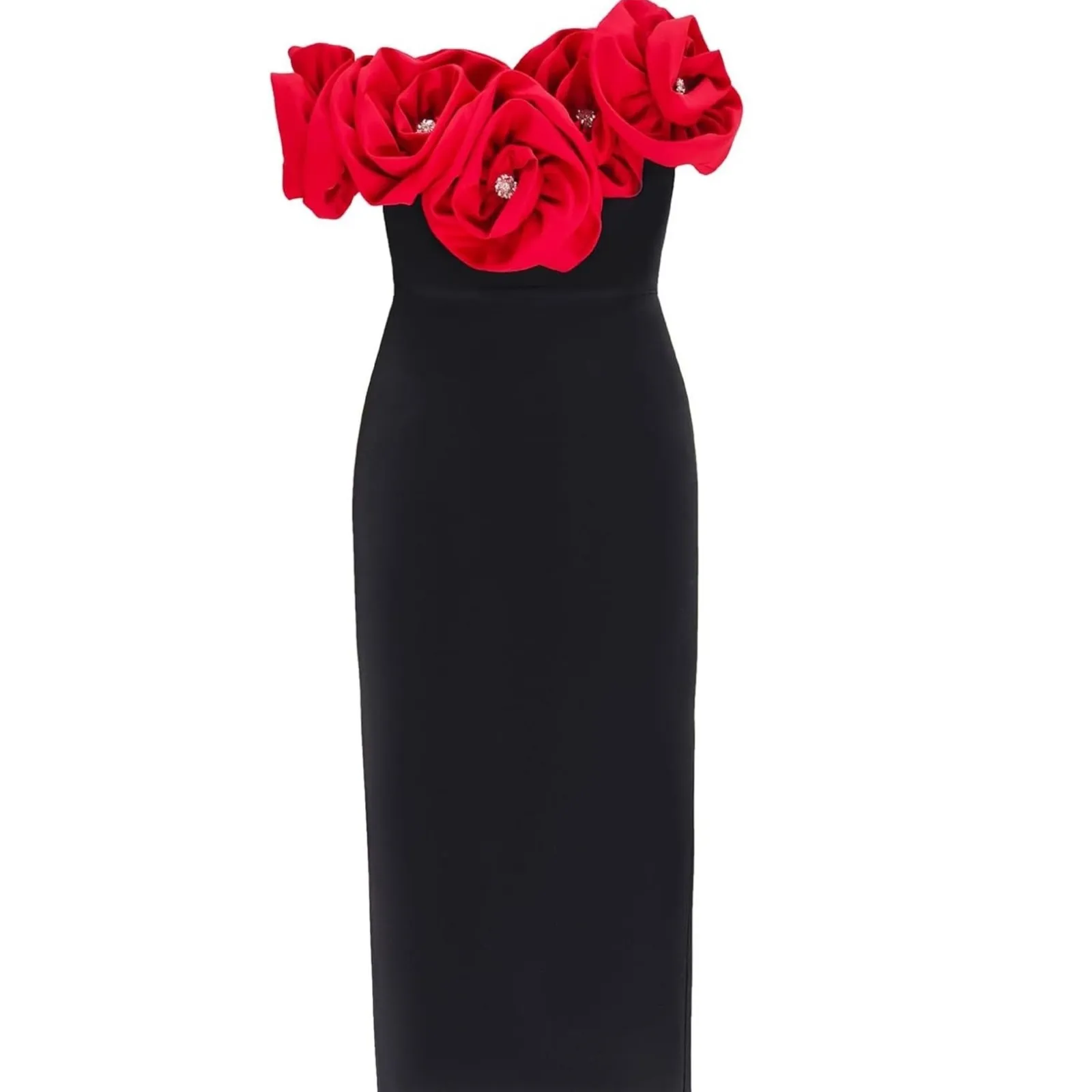 Stunning Black Off Shoulder Maxi Dress with Red Floral Appliques Evening Gown Size L - Image 5