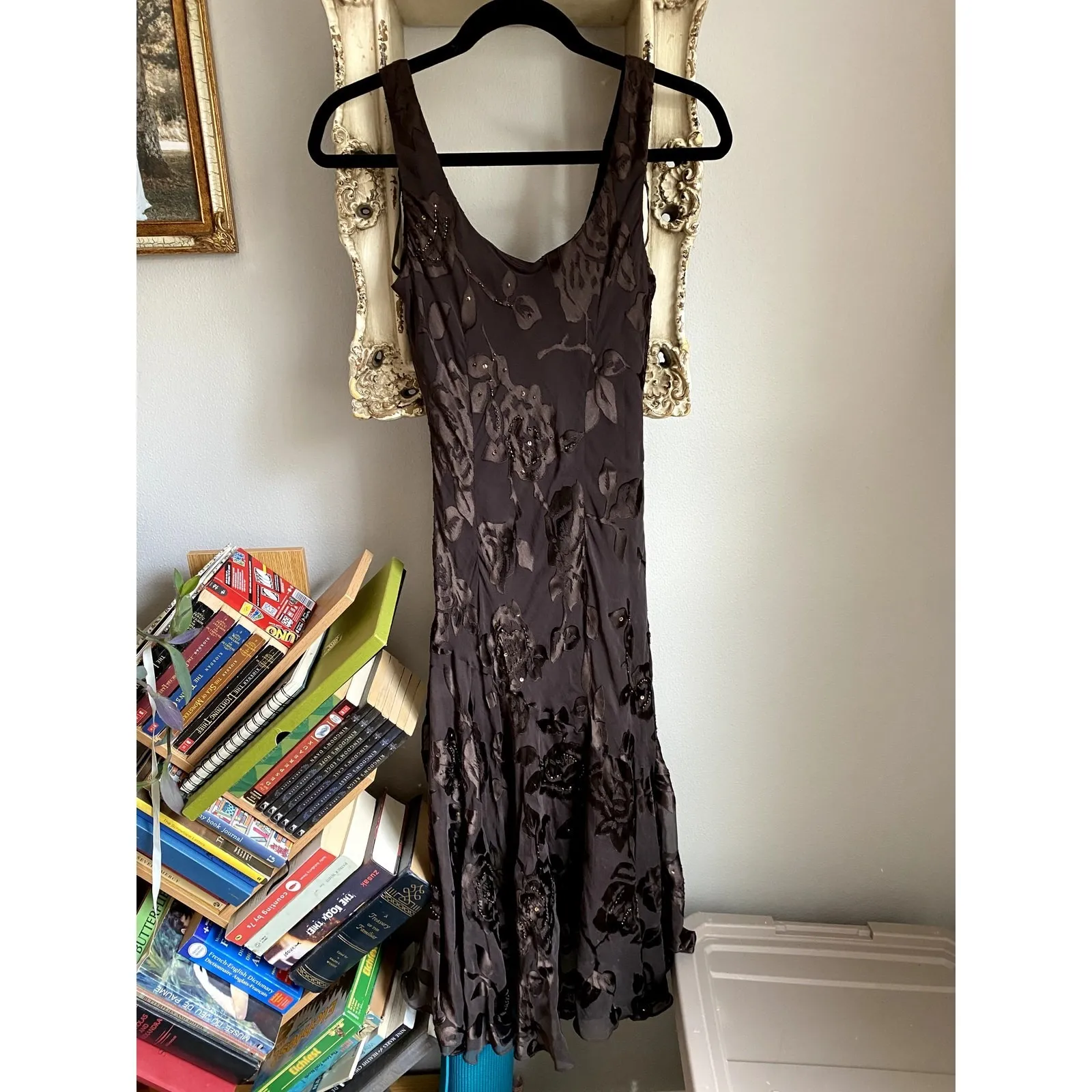 Vintage 1990s Silk Floral Beaded‎ Brown Maxi Dress 6 Fairy Y2K Drape Ballet Glam - Image 5