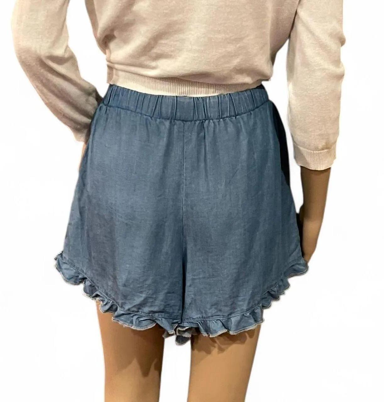 Lovers + Friends Denim Lightweight Tencel Shorts Blue Size Medium Tassels EUC - Image 4