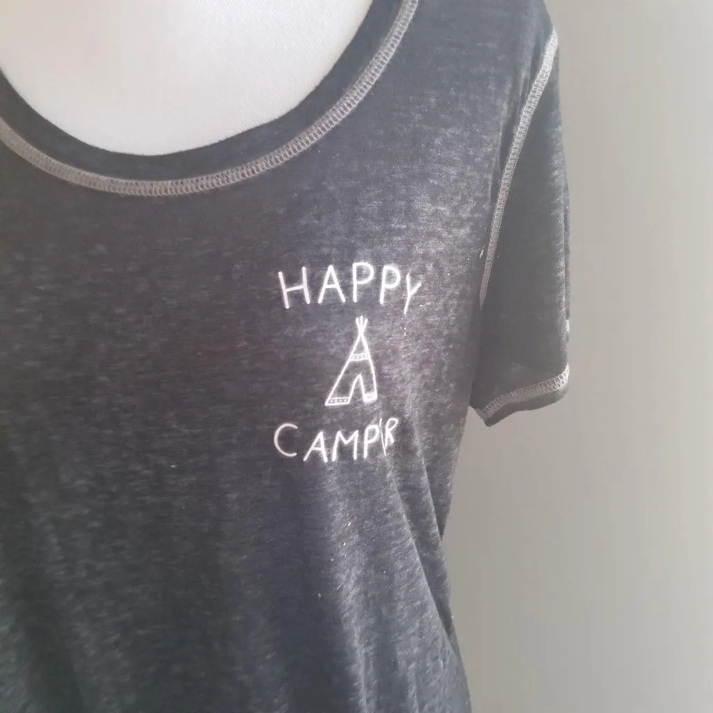 "Happy Camper" Graphic Womens L Short Sleeve T-Shirt Black Lightweight Soft Casu - Image 2