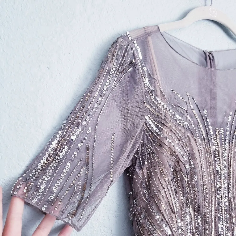 Adrianna Papell Taupe Beaded Illusion Neck Dress - Image 6