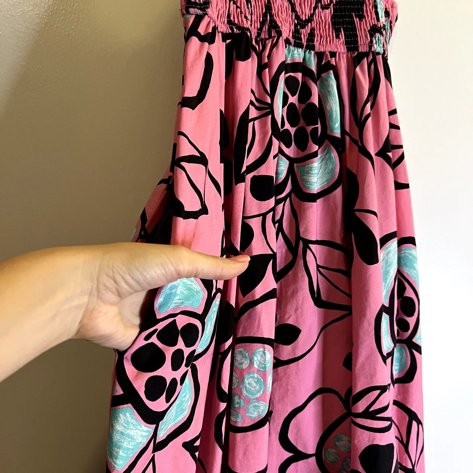 Zara poplin maxi floral pink dress size S 100% cotton sleeveless with pockets - Image 5