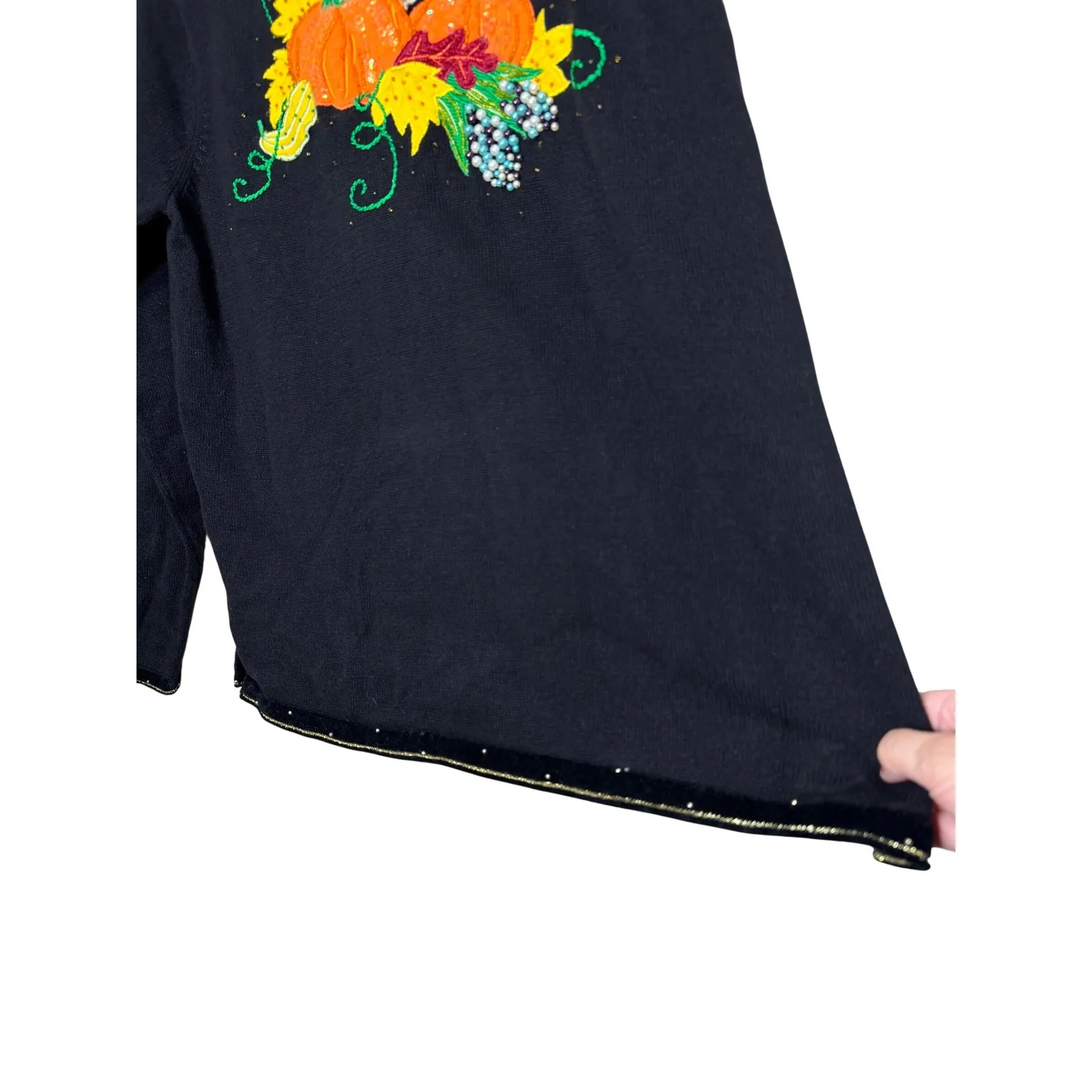 Quacker Factory Black Long Sleeve Sweater Beaded Pumpkin Floral Fall Autumn L - Image 4