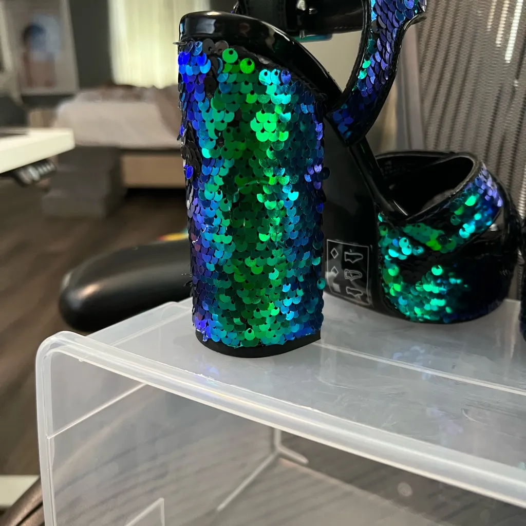 ASOS  Sequin Platform Sandals - Green and Blue - Image 6