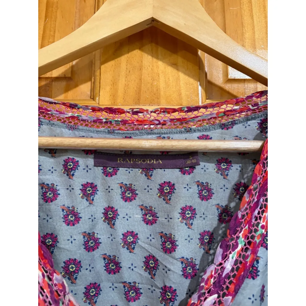 Rapsodia Boho Floral Tunic Top S 38/40 Mixed Print Peasant Blouse Ethnic Gray - Image 2