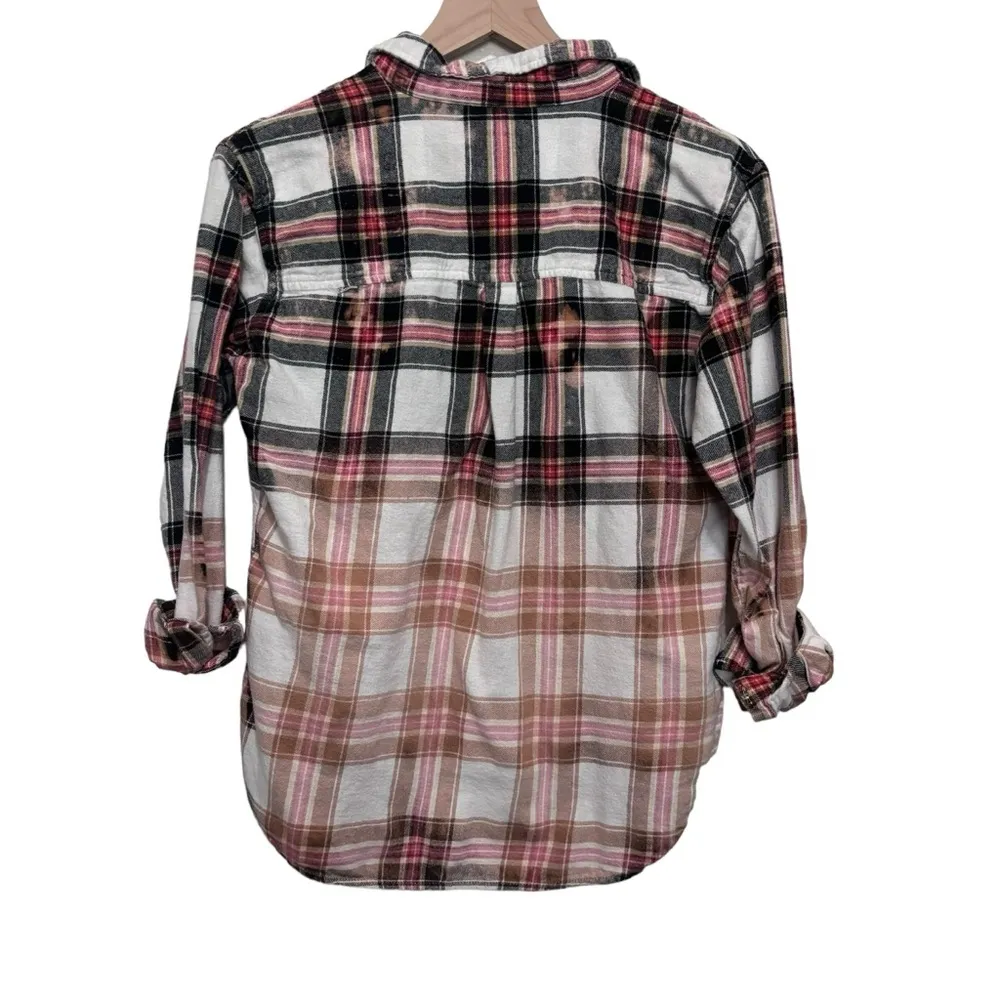 Women’s Hand bleached plaid farmhouse festival fall flannel shirt White - Image 4