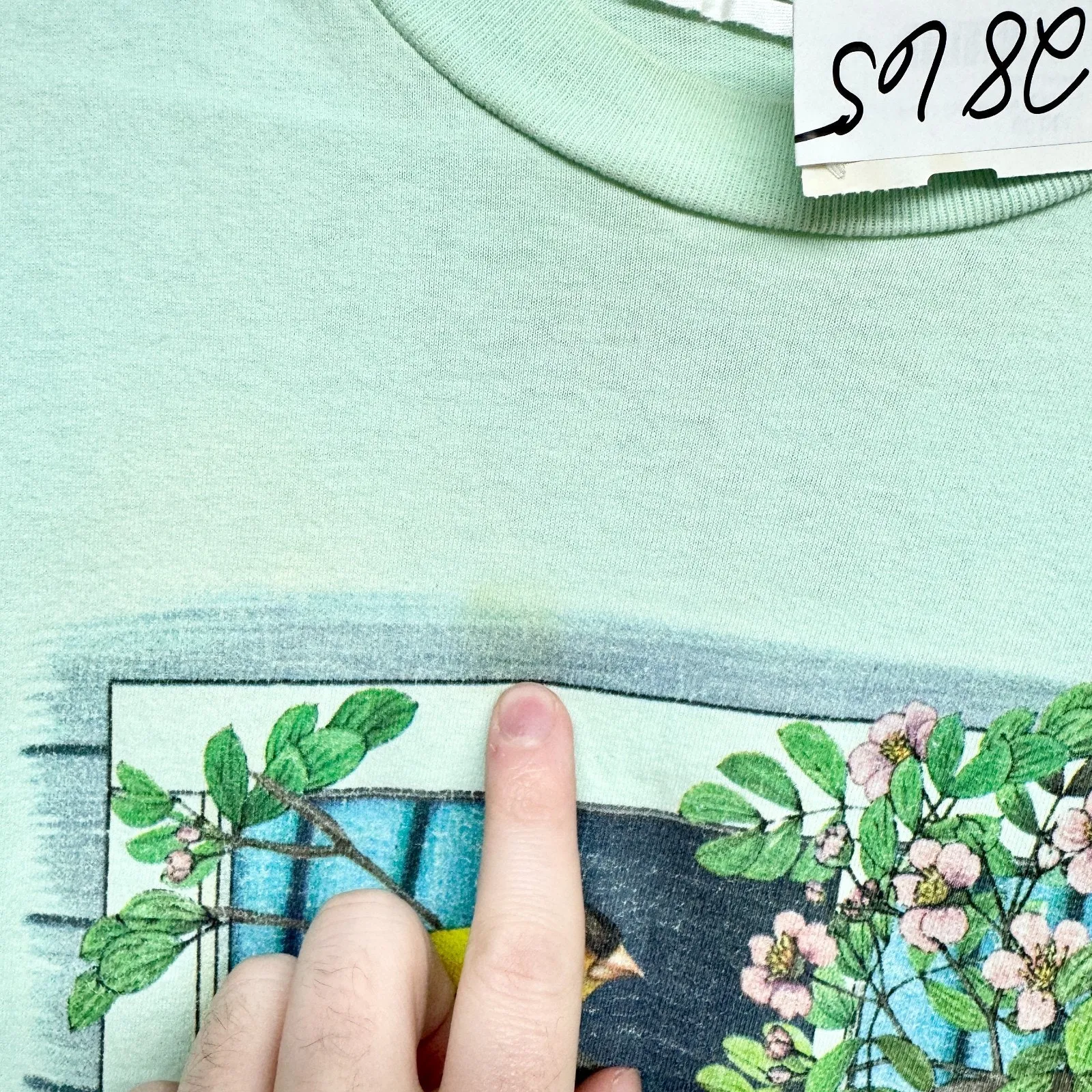 Vintage Blouse Women Chest 39" Medium Graphic Crewneck Short Sleeve Tee Shirt Green - Image 3