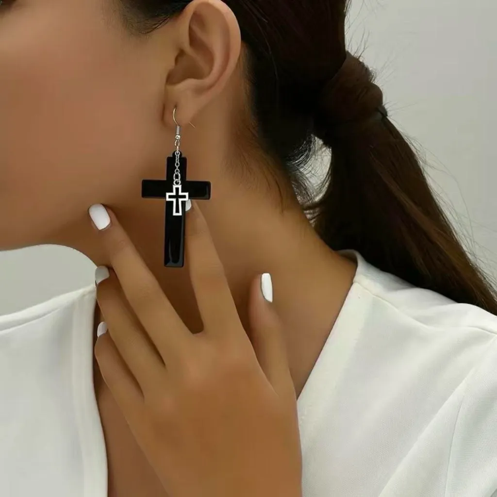Unique design double layer black cross light weight plastic dangle‎ earrings - Image 9