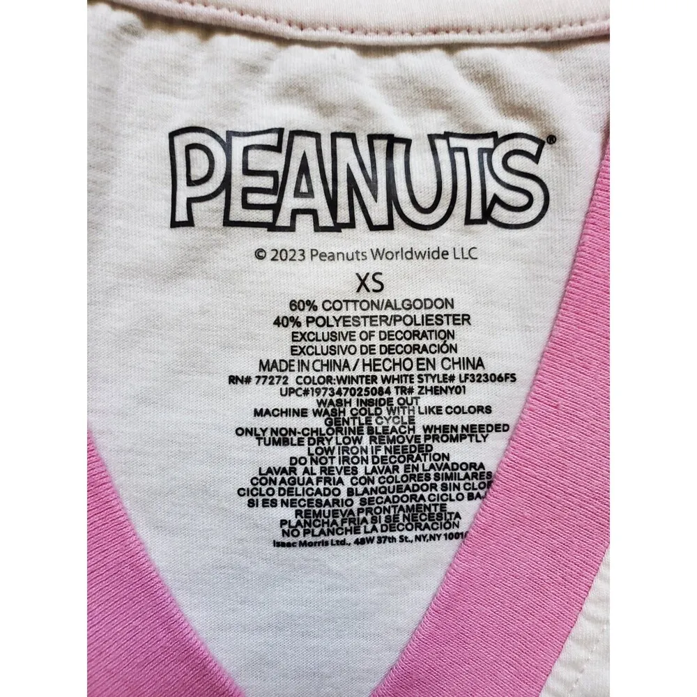 Peanuts Shirt Woman XS Snoopy Short Sleeve White Pink Crop Top V Neck Cartoon - Image 3