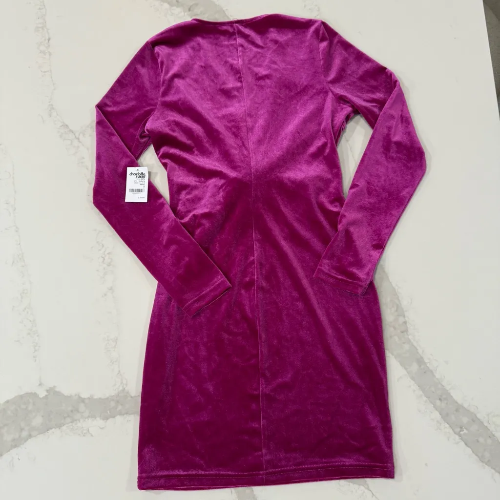 Y2K Charlotte Russe NWT Velour LongSleeve Plunge Mini Dress Womens Small Magenta - Image 7