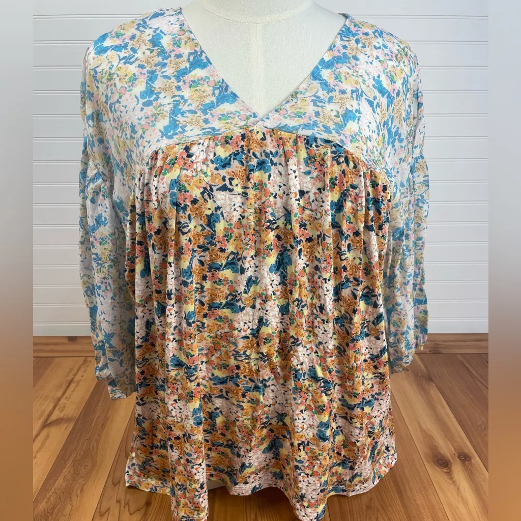 Oddi Floral Babydoll Blouse Two Tone V Neck Puff Sleeve Sheer Plus Size New 1X Blue - Image 2