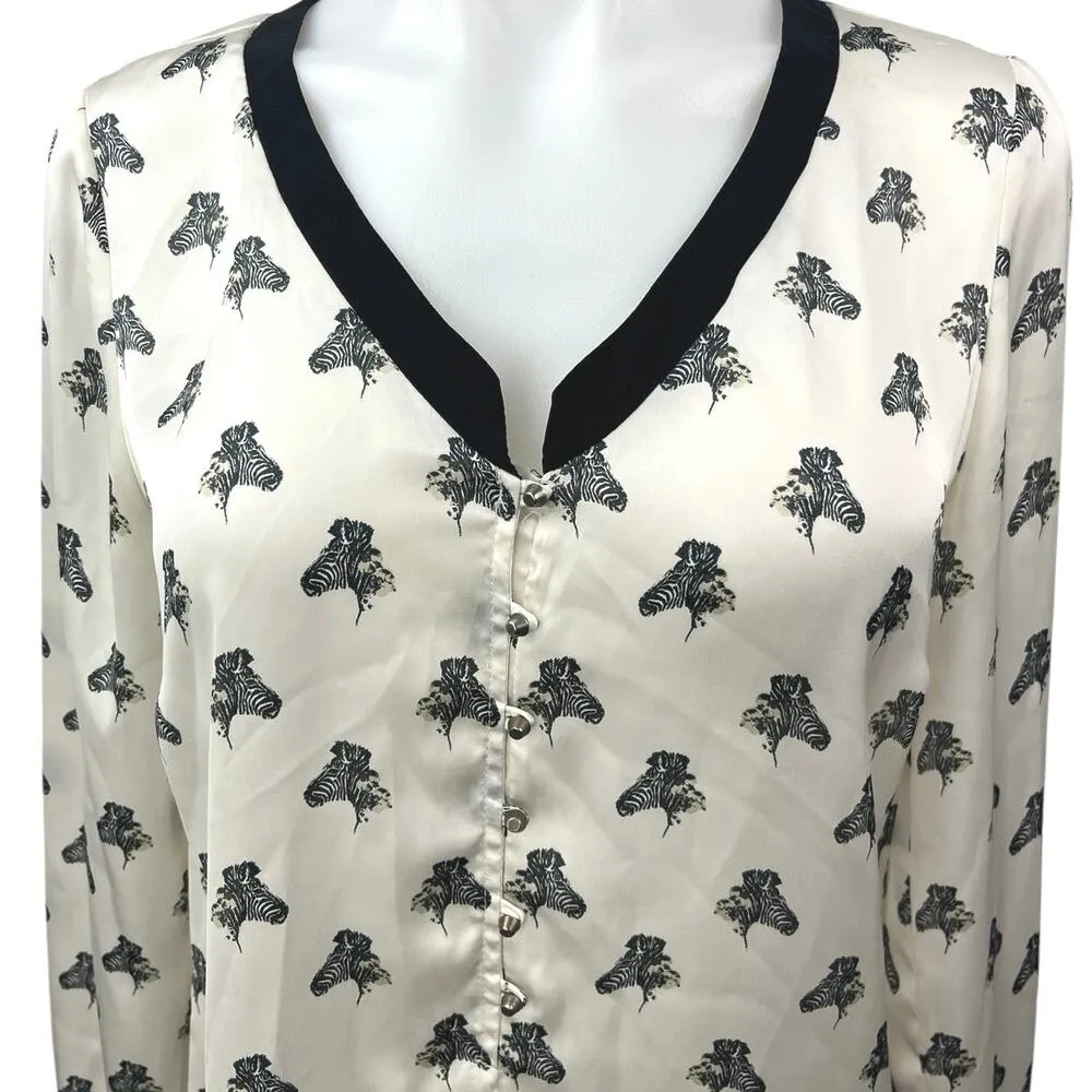 Zara White Silk Satin Zebra Animal Print Button Long Sleeve Shirt Blouse Top S - Image 3