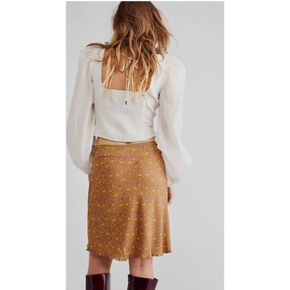 Free People Floral Olive Green Mini Skirt Sz 6 A-Line Lettuce Hem Boho Festival - Image 10