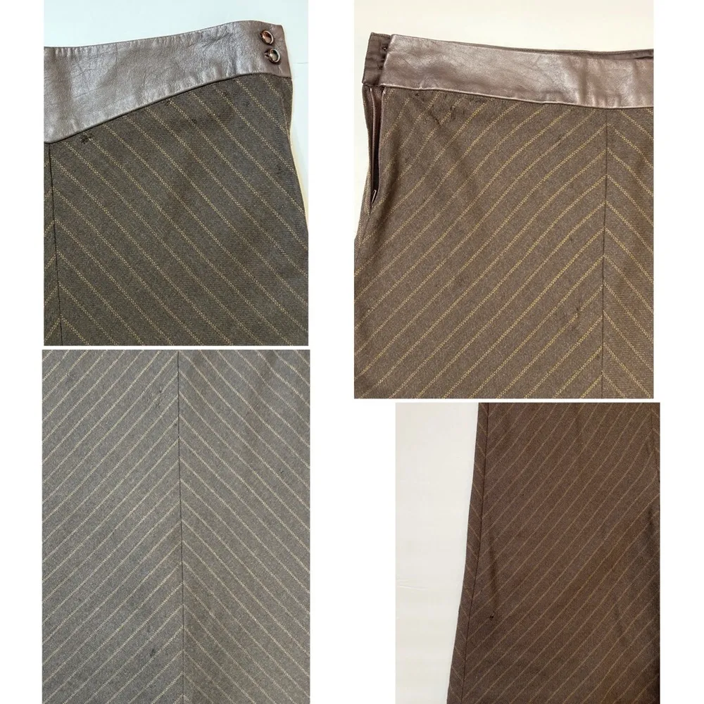 VTG William B Chocolate Rust Stripe Wool Blend Leather Pencil Shirt Sz… - Image 9