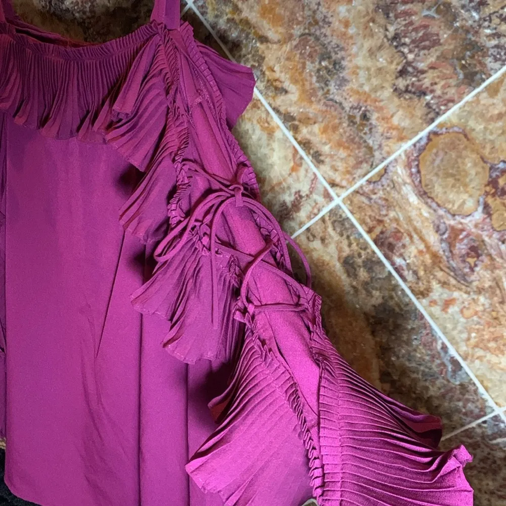 Women's Plus Size 22 Eggplant Ruffle Lace Up Sleeve Cold Shoulder Statement Top - Image 2