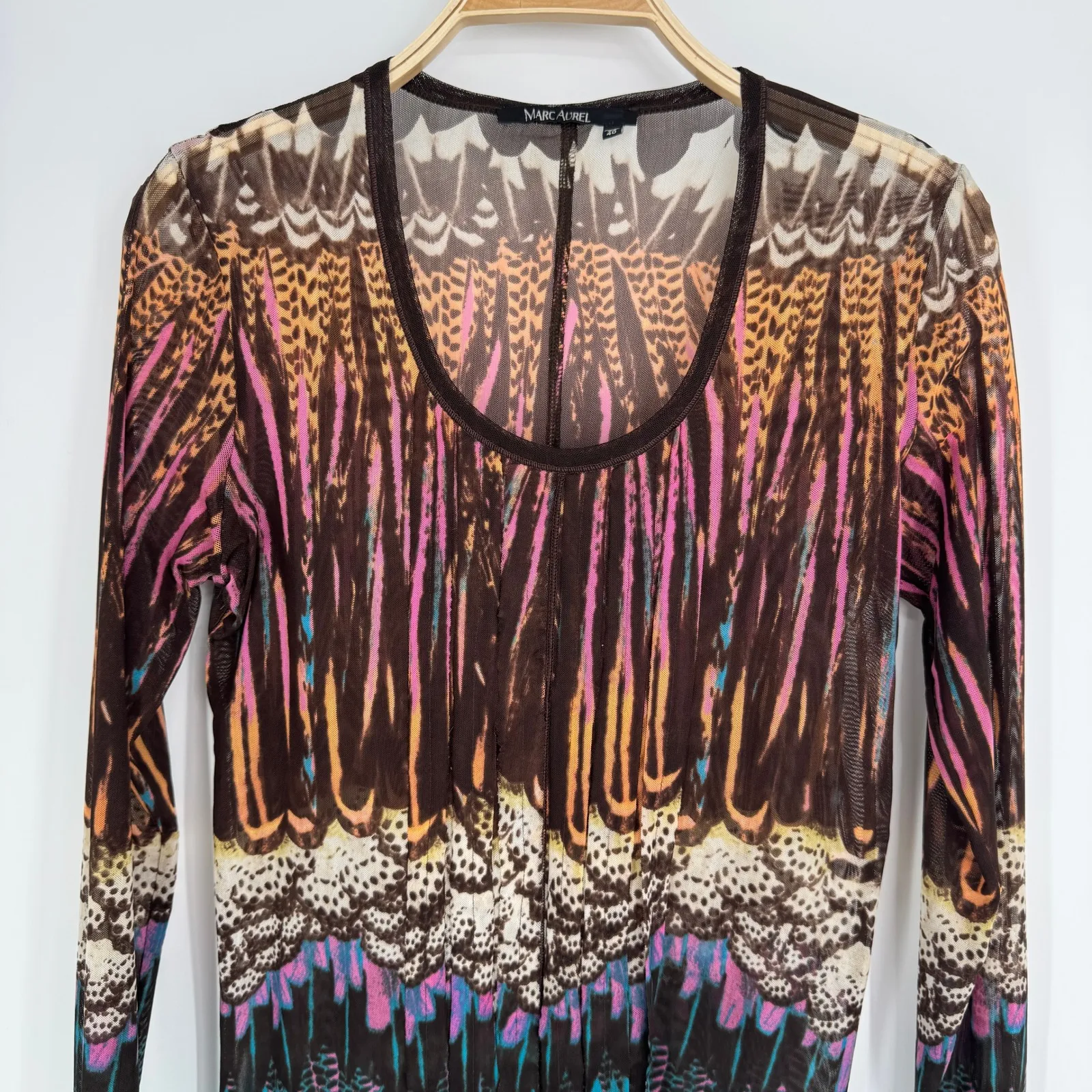 Marc Aurel Mesh Long Sleeve Top Large Multicolor Boho Artsy Y2K Statement Retro Brown - Image 3