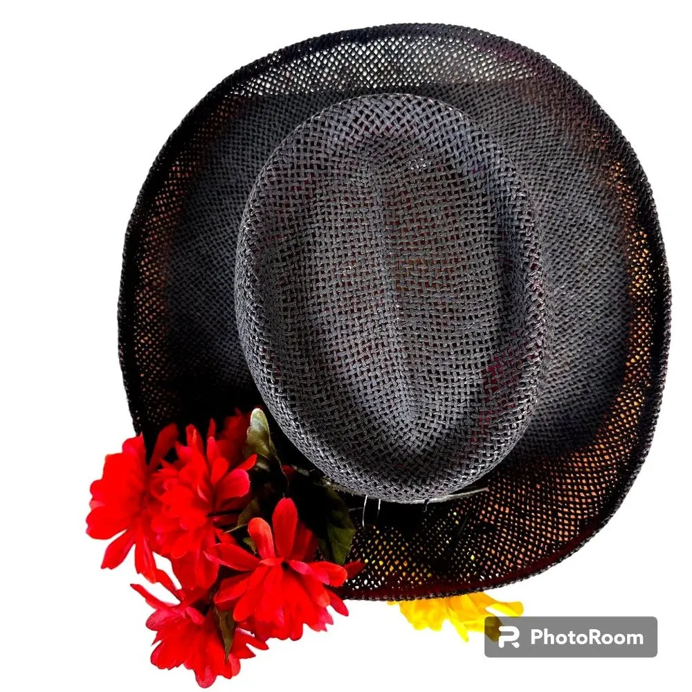 VTG The Scala Collection Black Straw Weave Hat Flower Embellishments Cru… - Image 8