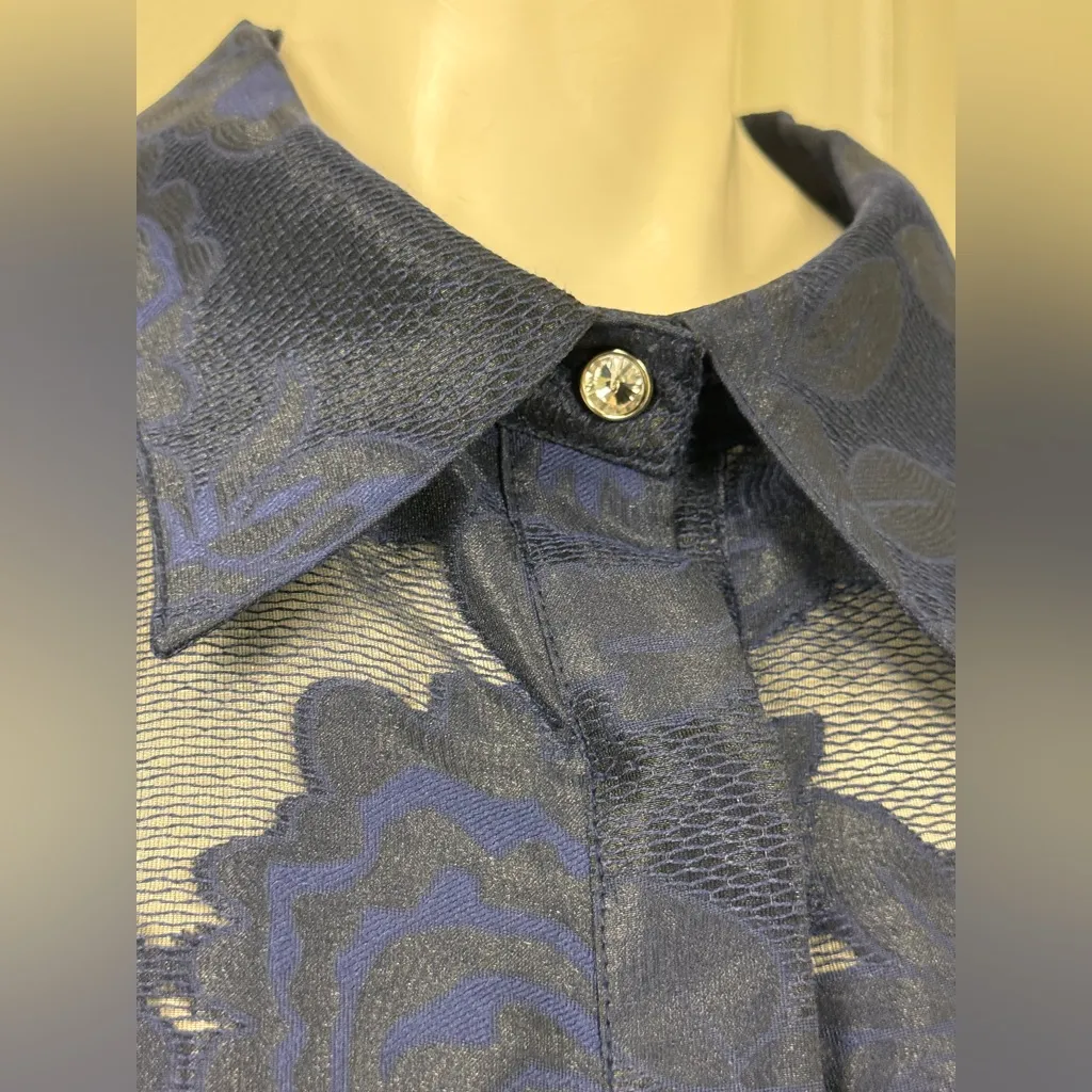 TERI JON Navy Blue Formal Shirtwaist Gown Organza Jacquard Modest Sleeves S 14 Size 12 - Image 7