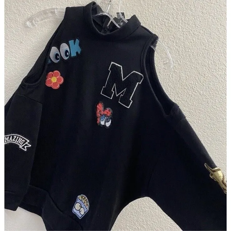 womens varsity y2k sweater black patches hip hop cold shoulder S‎ - Image 5