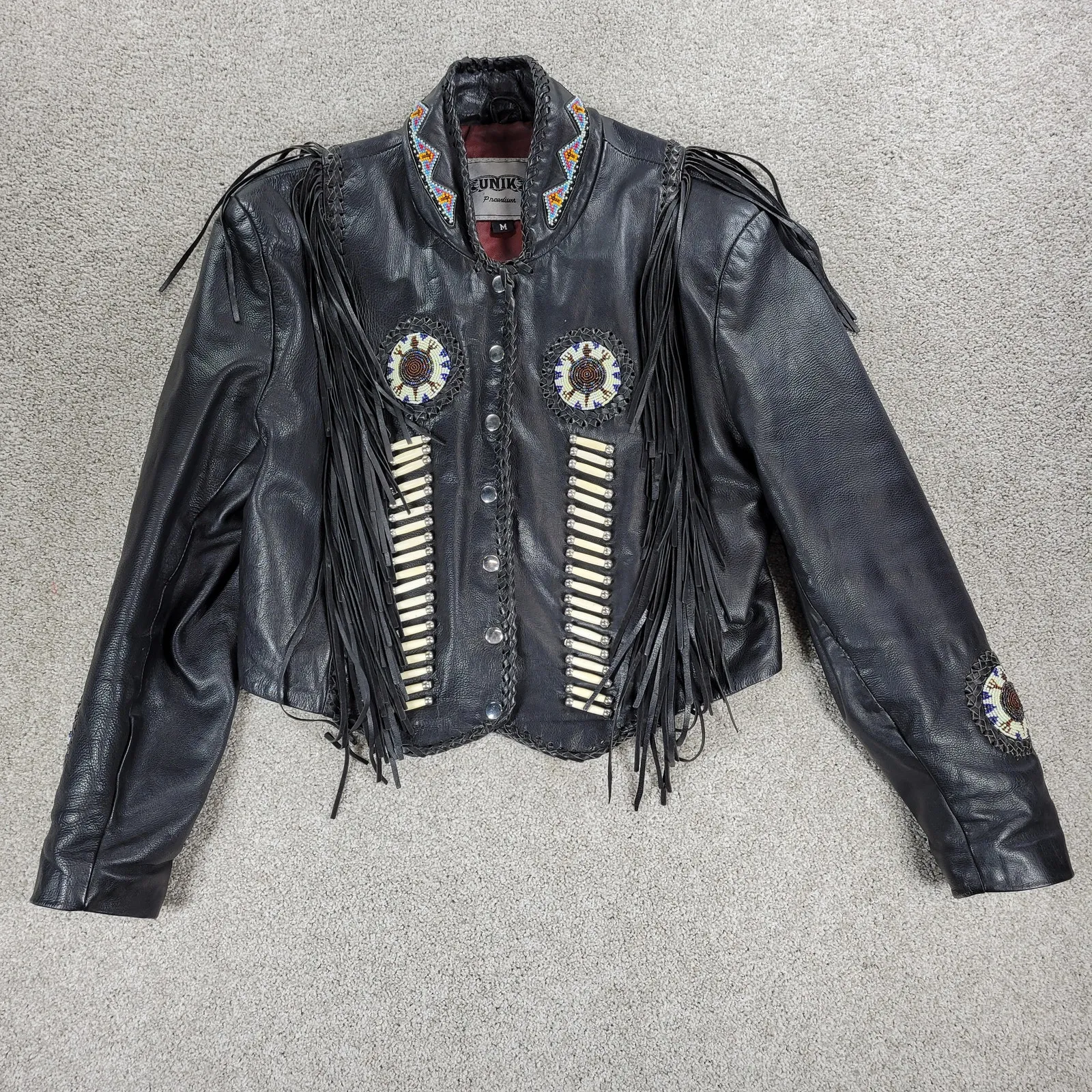 VTG Unik Leather Motorcycle Jacket‎ Womens M Black Fringe Beaded Cropped Snaps Size M - Image 14