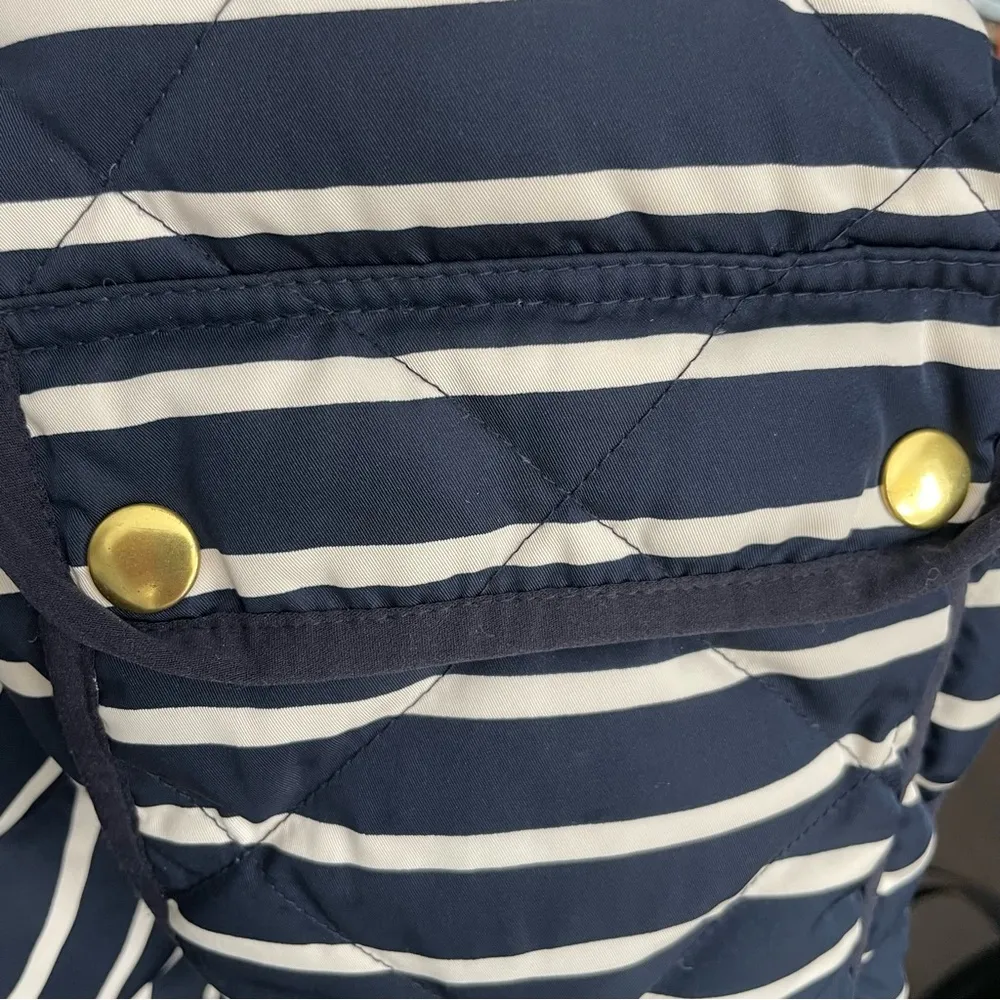 J Crew Vest Puffer Down Feathers Full Zip Striped Pockets Lined Blue Cream Gold - Image 4