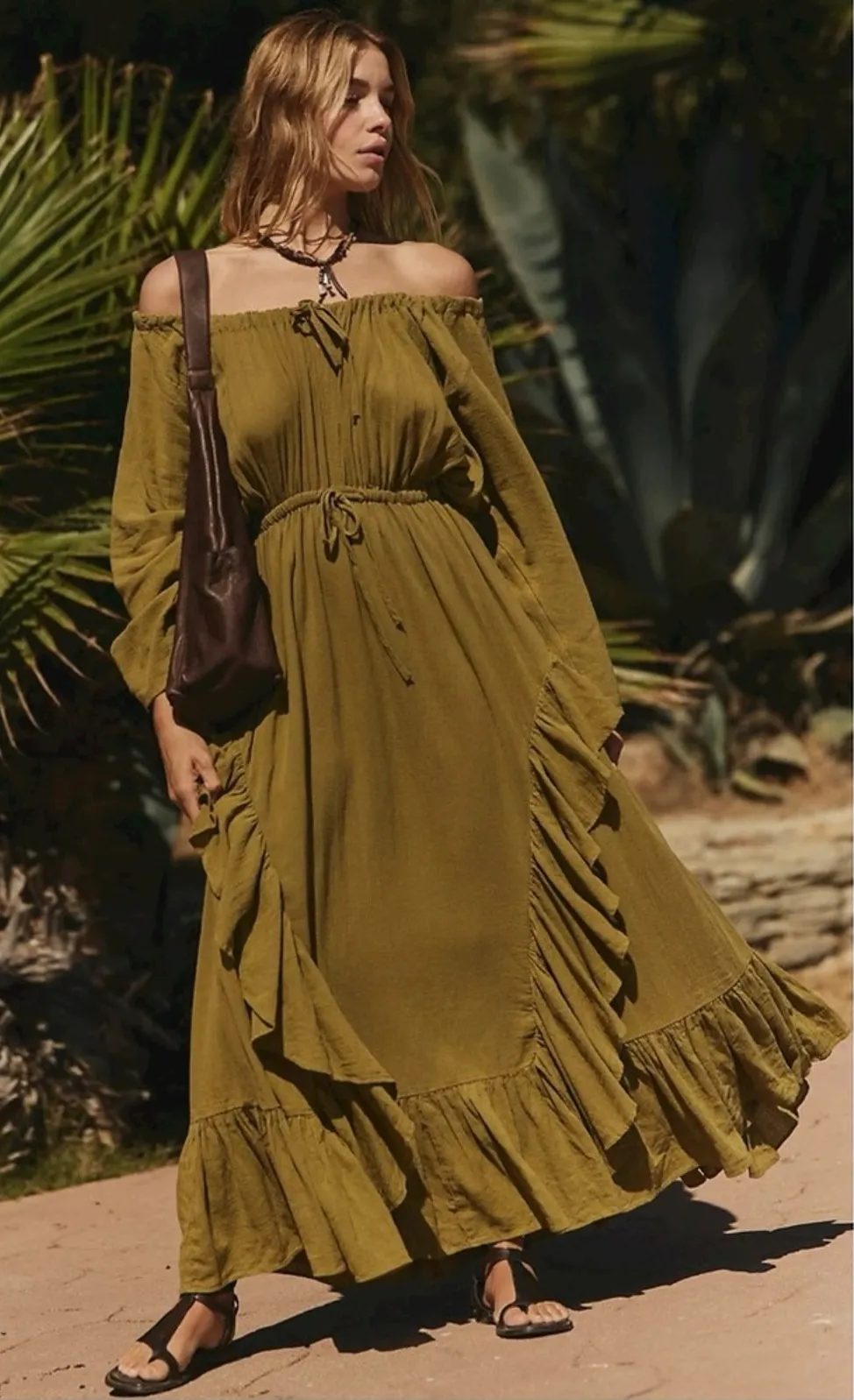 Free People Bohemian Witchy Ethereal Maxi Dress Green Moss Size Small NWT - Image 2
